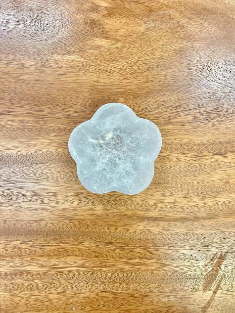 Top-down view of the Selenite Flower Bowl, highlighting its symmetry and smooth surface.