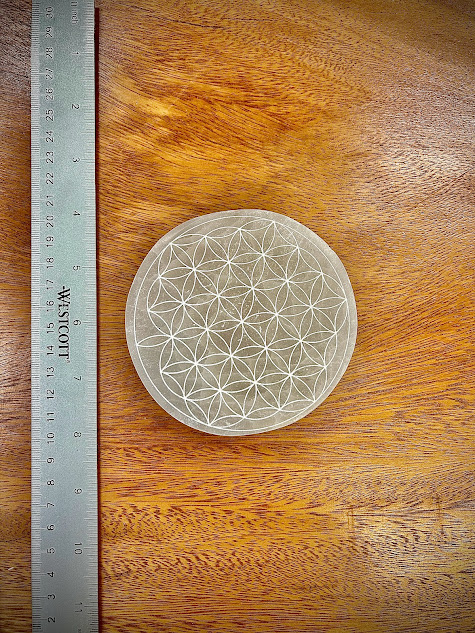 Top view of the Selenite Small Grid Altar, emphasizing the symmetry and intricate details of the sacred geometry