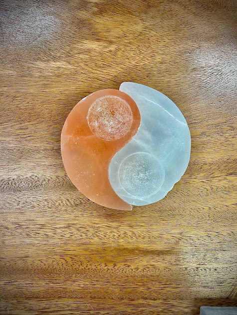 Overhead shot of the Selenite Ying Yang Candle Holder, capturing the essence of dualism in its form.